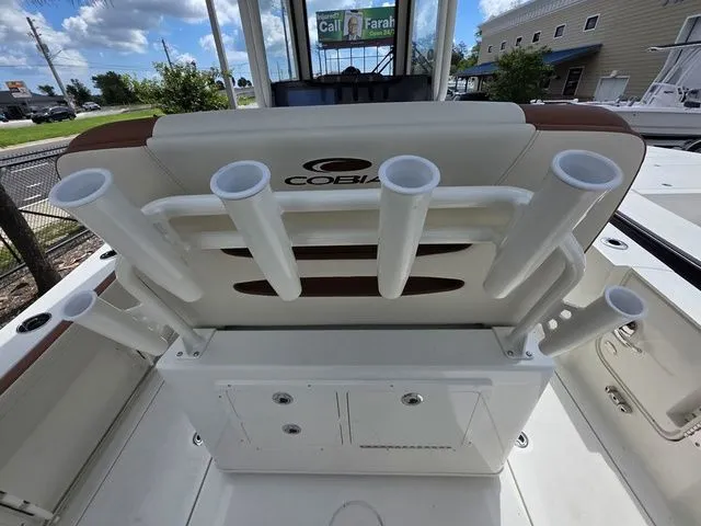 Slide: The Image of The image shows the back of a Cobia 245CC boat with multiple rod holders. - 11