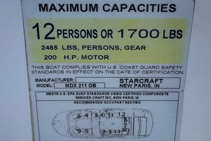 Slide: The Image of 2021 Starcraft MDX 211 O/B capacity label: 12 persons, 1700 lbs, 200 HP motor. - 35