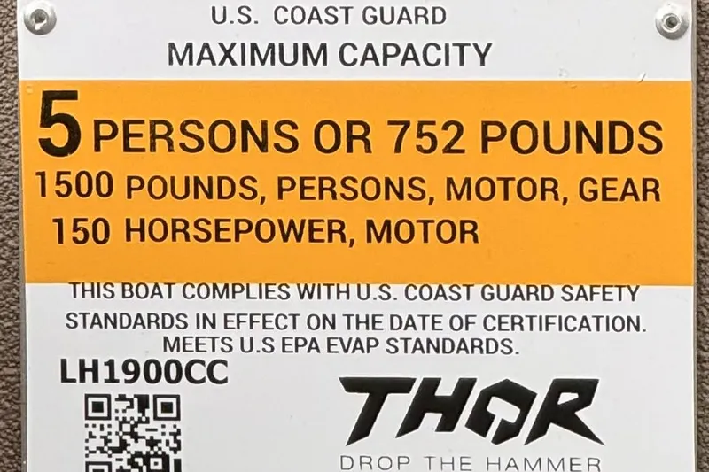 Slide: The Image of Thor LAKE HAMMER 1900 CC 2027 boat capacity label, 5 persons or 752 pounds, 150 horsepower. - 11