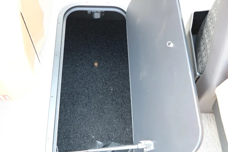 Slide: The Image of Storage compartment in 2026 Evotti 725QL vehicle, featuring a black carpeted interior. - 43