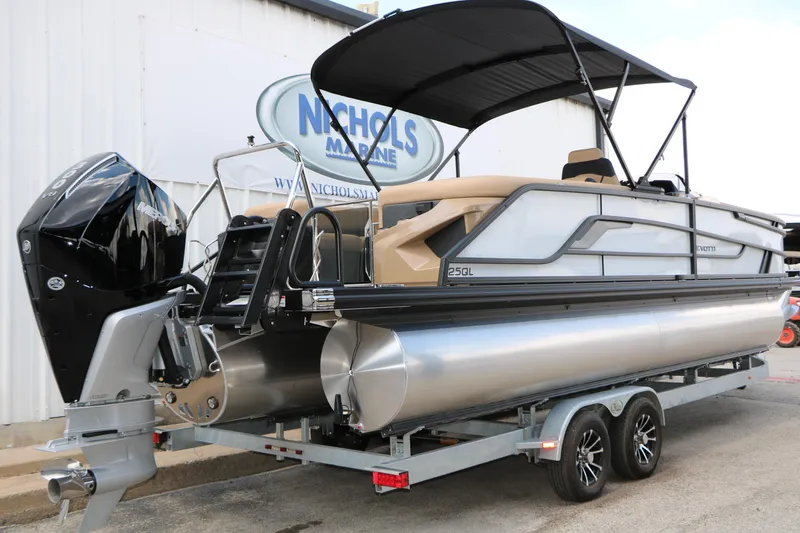 Slide: The Image of 2026 Evotti 725QL pontoon boat on trailer, featuring sleek design and powerful outboard motor. - 12