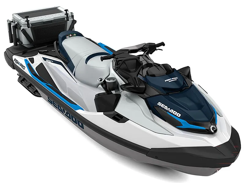 Slide: The Image of A 2024 Sea-Doo FishPro Sport 170 iDF iBR with sound system. It features a sleek white and blue design. - 2