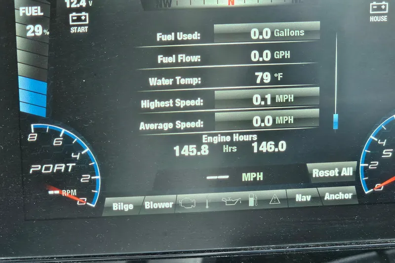 Slide: The Image of Dashboard of a 2019 Yamaha Boats 212 Limited showing fuel, speed, and engine hours. - 29