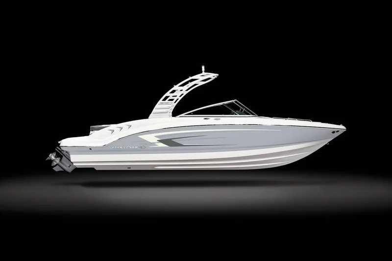 Slide: The Image of Manufacturer Provided Image: 2025 Chaparral 23 SSi boat, sleek design, white and gray, side view on black background. - 8