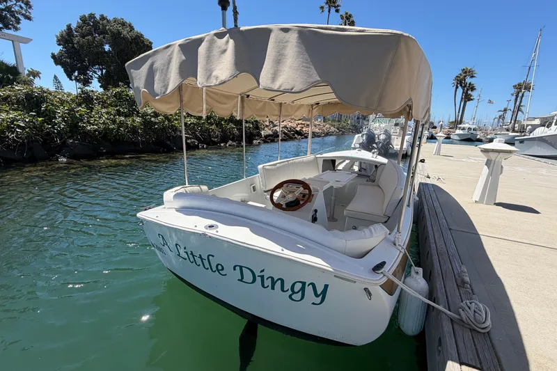 Slide: The Image of 1996 Duffy 16 boat named "A Little Dingy" docked in a sunny marina. - 4
