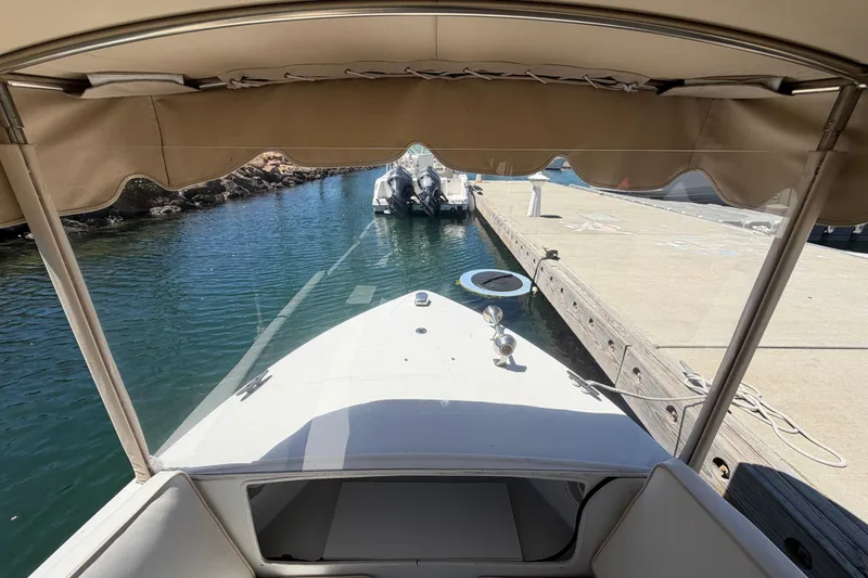 Slide: The Image of 1996 Duffy 16 boat docked at marina, viewed from under canopy. - 18