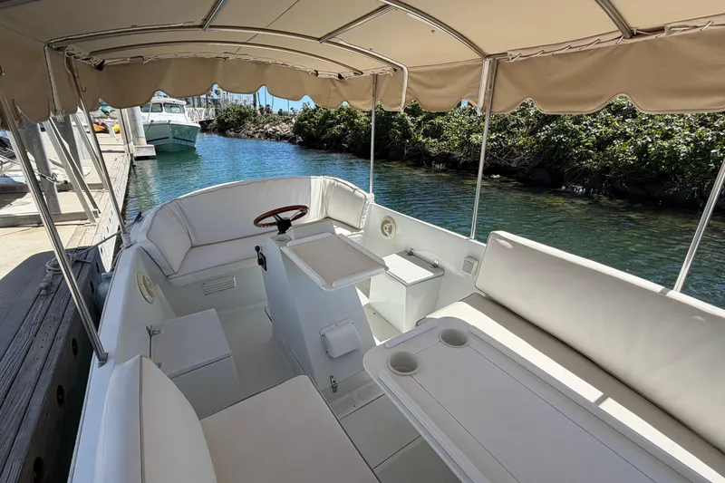 Slide: The Image of 1996 Duffy 16 boat with canopy, docked by a scenic waterway. - 14