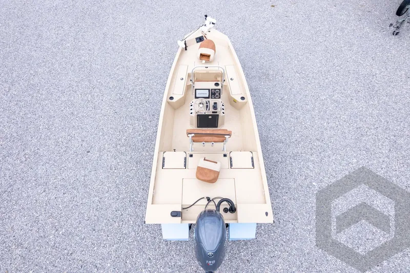 Slide: The Image of 2026 G3 Bay 19 GX boat, top view, showcasing interior layout and motor. - 33