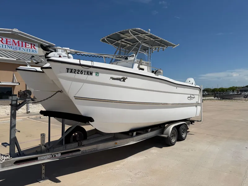 Slide: The Image of A white 2002 PRO SPORT PRO KAT 2200 boat on a trailer. - 3