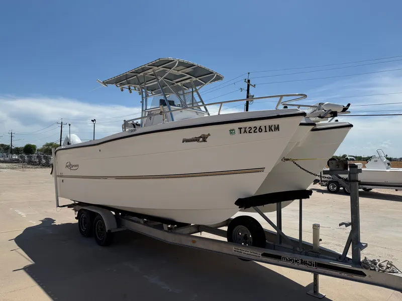 Slide: The Image of A 2002 PRO SPORT PRO KAT 2200 boat on a trailer, featuring a sturdy T-top. - 6