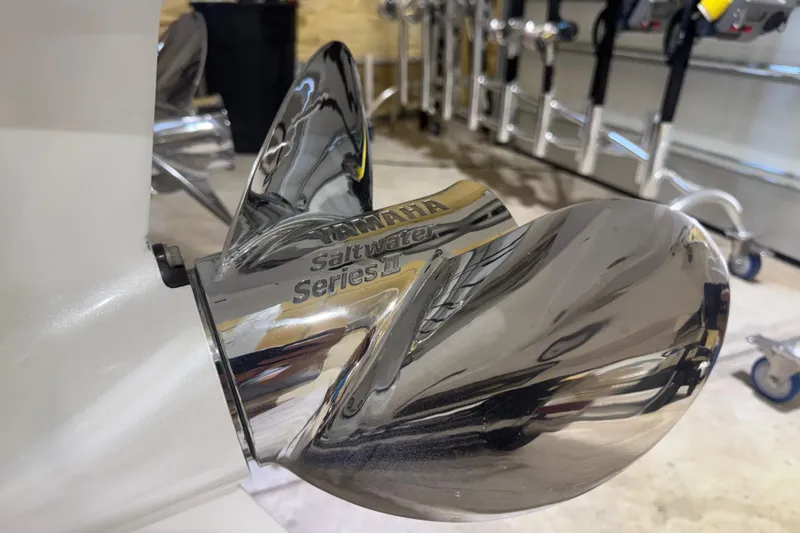 Slide: The Image of Close-up of Yamaha Saltwater Series propeller on 2024 Solace 30HCS boat. - 51