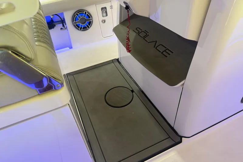 Slide: The Image of 2024 Solace 30HCS boat interior with sleek design and modern features. - 38