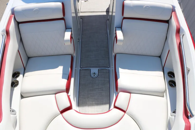 Slide: The Image of 2022 Crownline Eclipse E255 boat interior with white and red seating. - 31