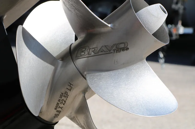 Slide: The Image of Close-up of a Bravo Three propeller on a 2022 Crownline Eclipse E255 boat. - 51