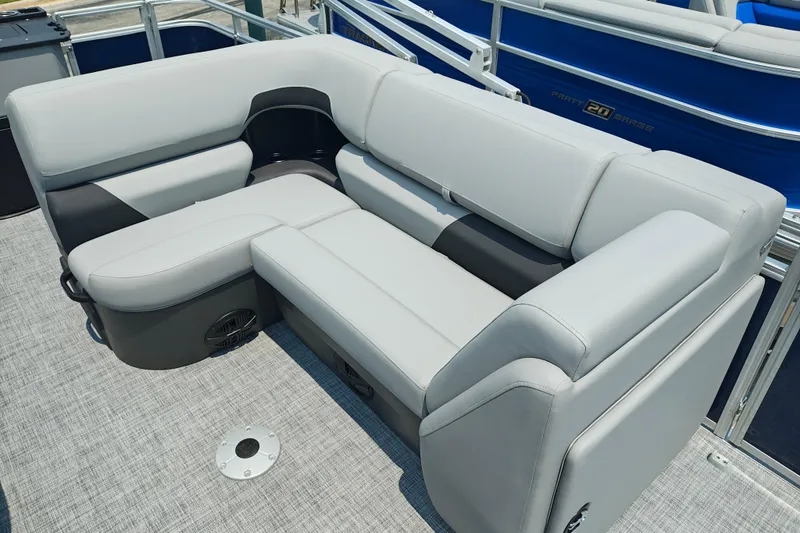 Slide: The Image of Luxurious seating on 2026 Sun Tracker SportFish 20 DLX pontoon boat, featuring sleek gray upholstery. - 13