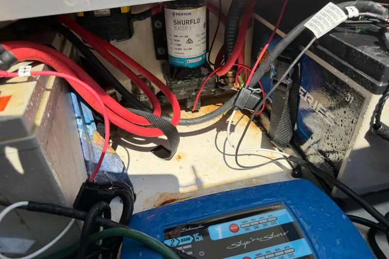 Slide: The Image of 2021 Sea Pro 248 Bay boat electrical system with battery and wiring components. - 26