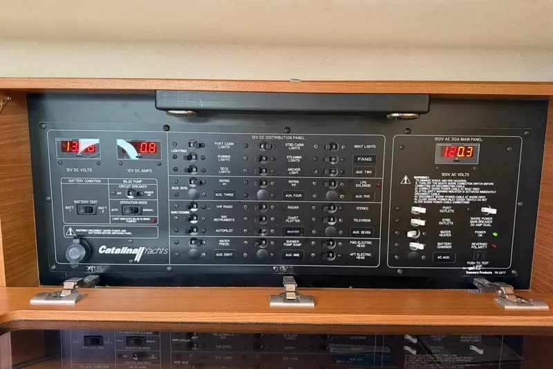 Slide: The Image of Electrical control panel of a 2015 Catalina 445 yacht, featuring various switches and gauges. - 40