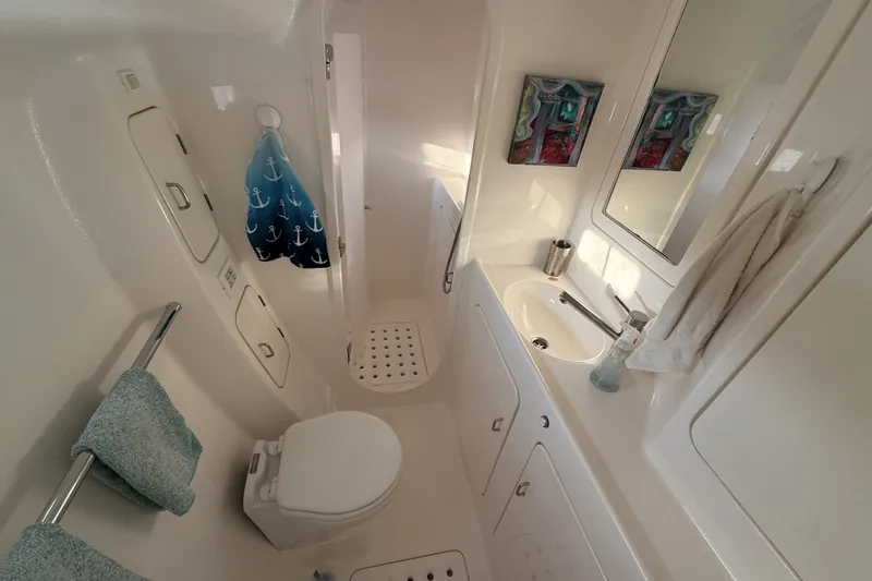 Slide: The Image of Compact bathroom in a 2002 Voyage 440 yacht, featuring a toilet, sink, and nautical decor. - 22