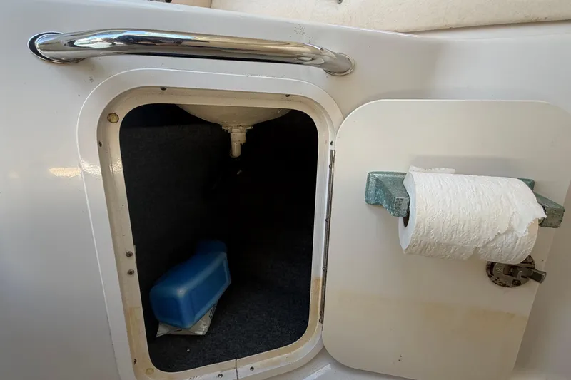 Slide: The Image of An open storage compartment with a blue container and a toilet paper roll on the door. - 40