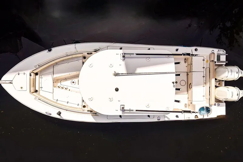 Slide: The Image of Top view of a 2018 Sea Chaser 24 HFC boat with dual engines. - 3