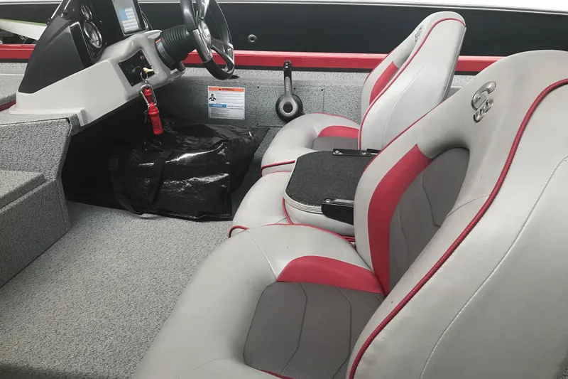 Slide: The Image of Interior of 2018 G3 Sportsman 19 boat with red and gray seating. - 18