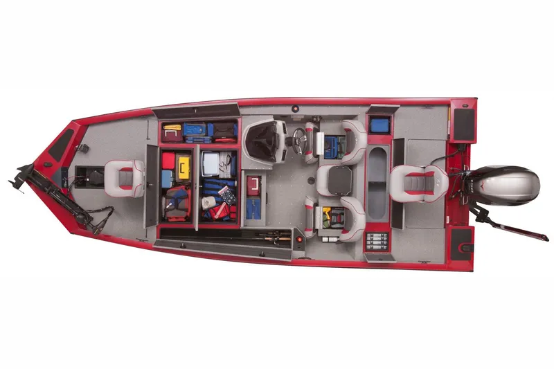 Slide: The Image of Manufacturer Provided Image: 2018 G3 Sportsman 19 fishing boat, top view, red and gray, with storage compartments and seating. - 8