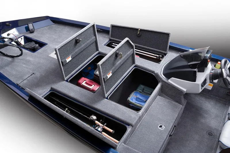 Slide: The Image of Manufacturer Provided Image: 2018 G3 Sportsman 19 boat with open storage compartments and fishing gear. - 3