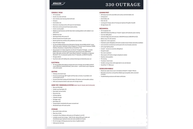Slide: The Image of 2025 Boston Whaler 330 Outrage specifications and features list, including console, seating, and mechanical details. - 23