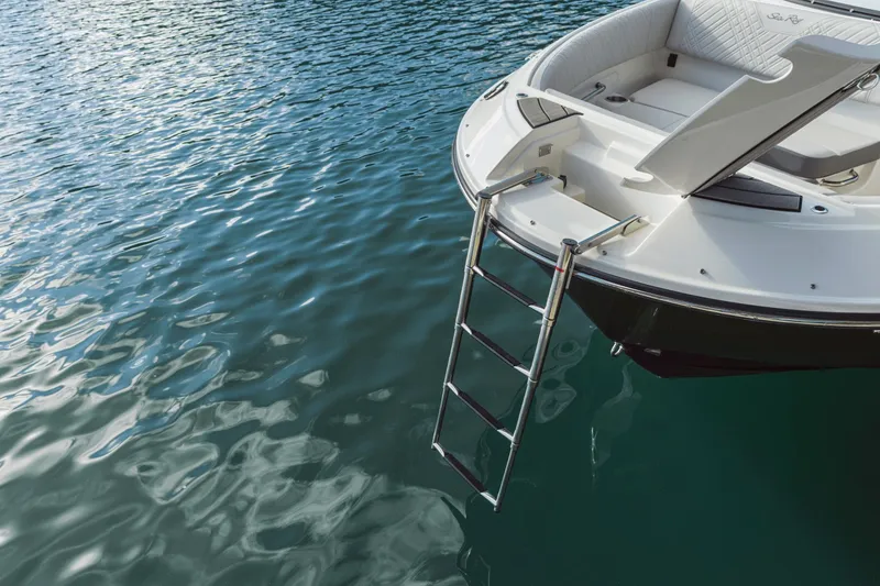 Slide: The Image of The 2025 Sea Ray SDX 250 features a swim platform with a retractable ladder over clear water. - 24