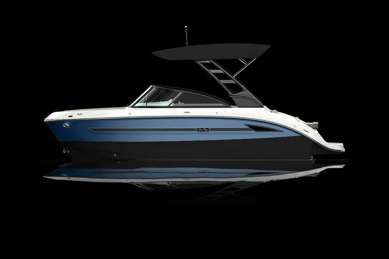 Slide: The Image of The image shows a 2025 Sea Ray SDX 250 boat with a blue hull and black canopy. - 18