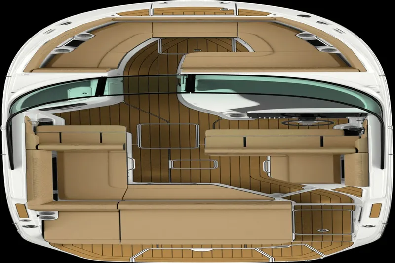 Slide: The Image of Top view of a Sea Ray SDX 250 boat with brown upholstery and wooden flooring. - 15