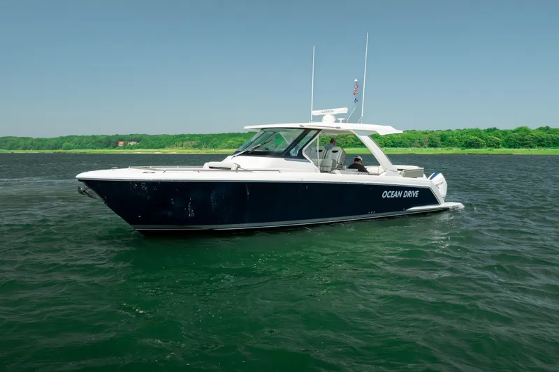 Slide: The Image of 2022 Tiara Yachts 38 LS cruising on open water near a lush green shoreline. - 6