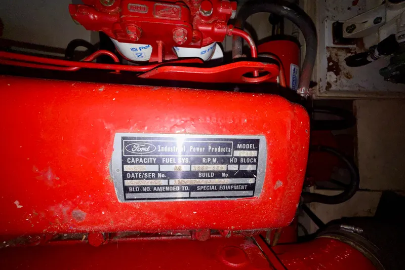 Slide: The Image of Red engine label on 1981 Kha Shing Sundeck ACMY, featuring Ford Industrial Power Products. - 57