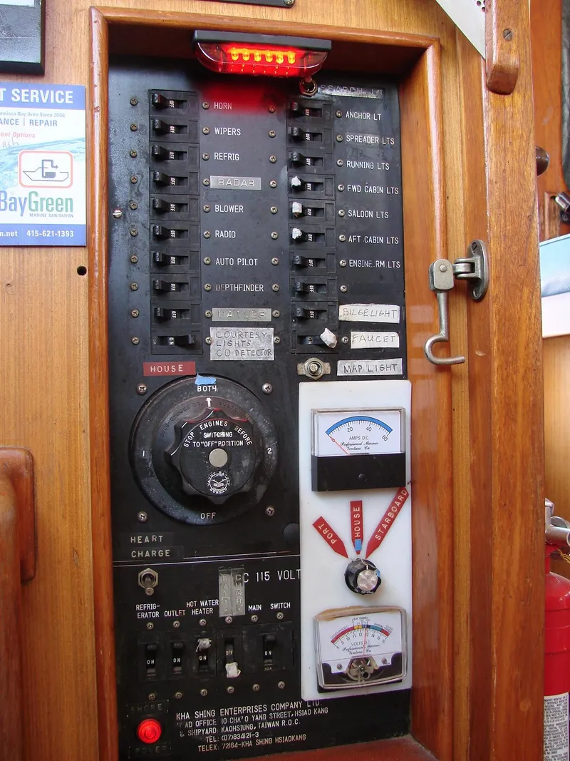 Slide: The Image of Electrical panel on a 1981 Kha Shing Sundeck ACMY boat with various switches and gauges. - 19