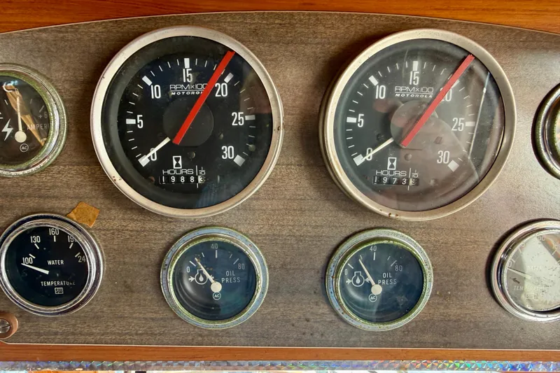 Slide: The Image of Dashboard of 1981 Kha Shing Sundeck ACMY with gauges for RPM, water temperature, and oil pressure. - 10