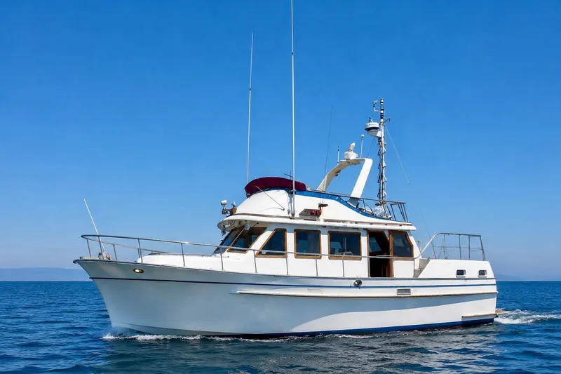 Slide: The Image of 1981 Kha Shing Sundeck ACMY yacht cruising on open sea under clear blue sky. - 0