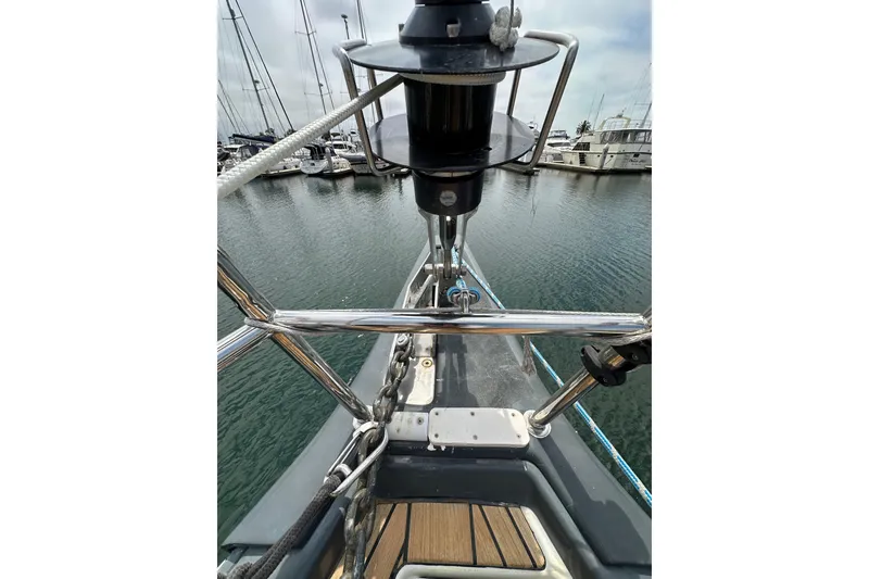 Slide: The Image of Bow view of 2018 Jeanneau 54 yacht in marina, featuring stainless steel fittings. - 49