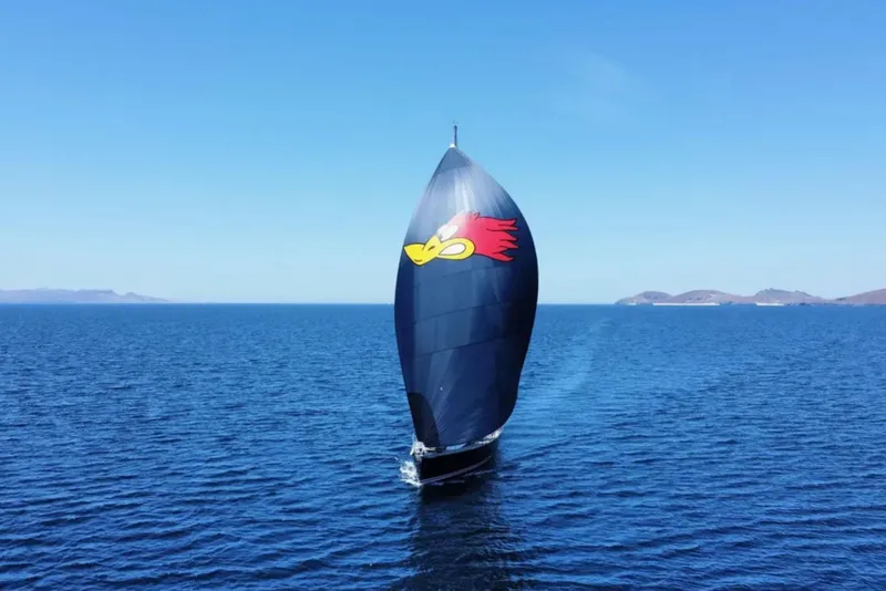 Slide: The Image of Jeanneau 54 sailboat with colorful spinnaker sailing on open sea, 2018 model. - 119