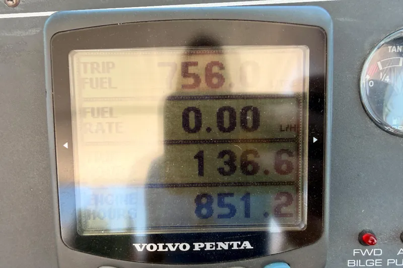 Slide: The Image of Volvo Penta display on 2005 Tiara Yachts 2900 Open Classic showing trip fuel data. - 41