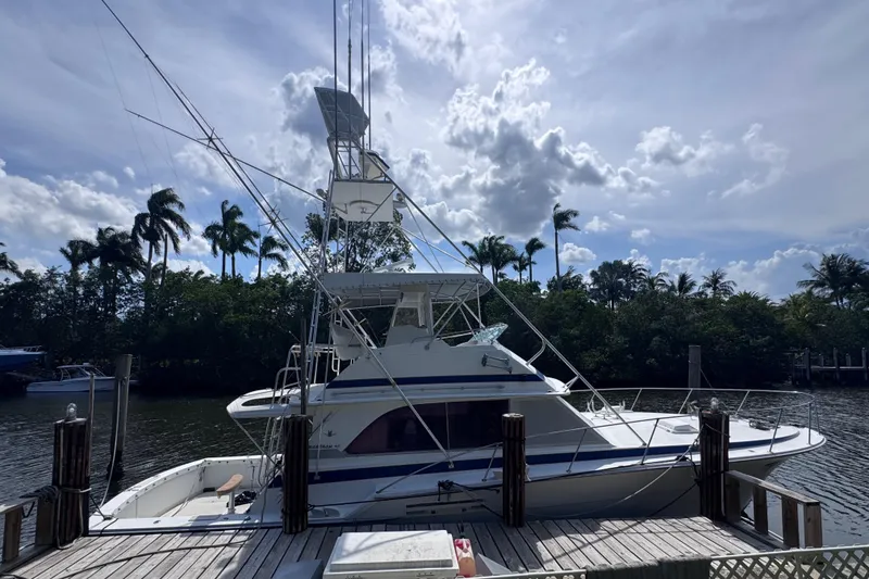 Slide: The Image of 1986 Bertram 46III Convertible yacht docked by palm trees under a cloudy sky. - 3