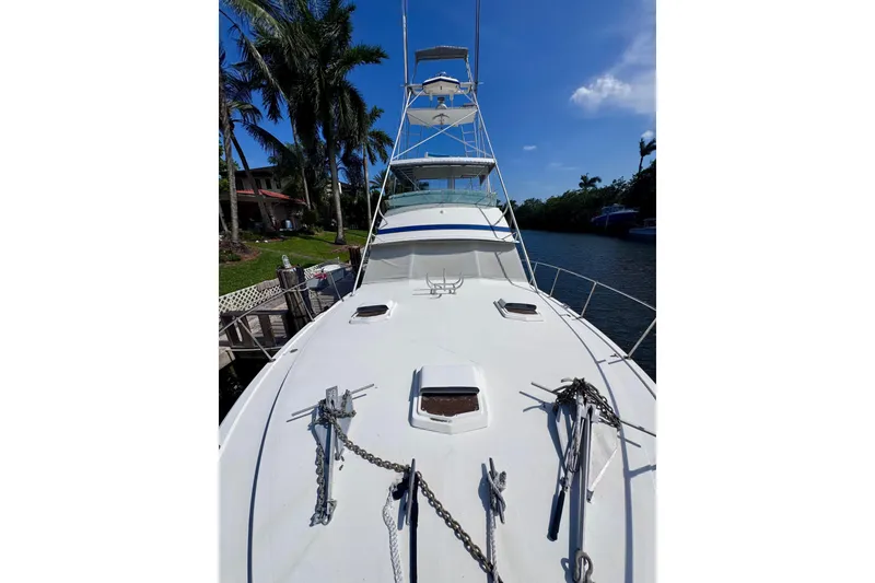 Slide: The Image of 1986 Bertram 46III Convertible yacht docked by palm trees, under clear blue sky. - 49