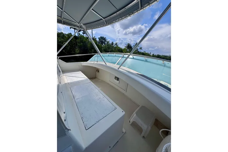 Slide: The Image of 1986 Bertram 46III Convertible boat deck with canopy, overlooking lush greenery and blue sky. - 26