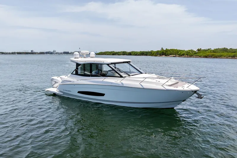 The Image of 2022 Regal boat on calm water with distant shoreline and clear sky. - 0