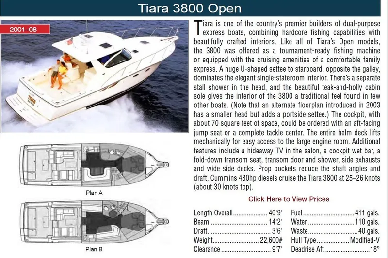 Slide: The Image of ```json { "alt_text": "2003 Tiara Yachts 3800 Open cruising on water with detailed floor plans." } ``` - 21