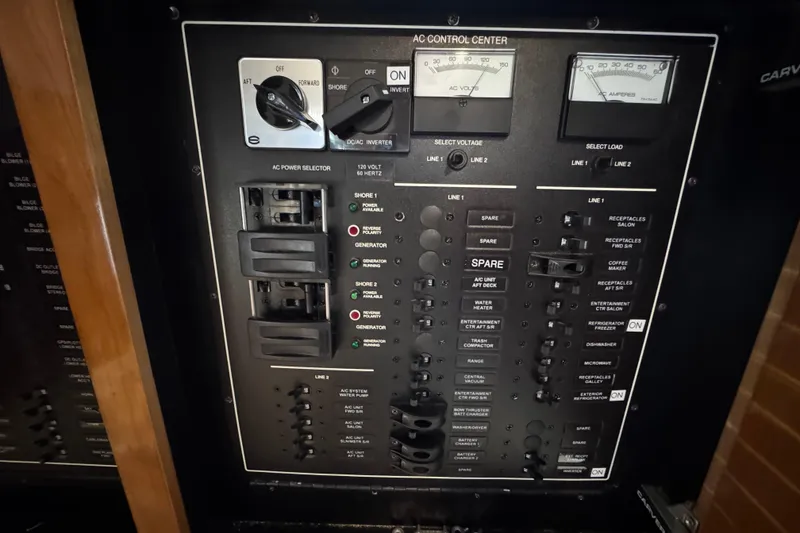 Slide: The Image of Control panel of a 2004 Carver 466 Motor Yacht, featuring switches and meters. - 20