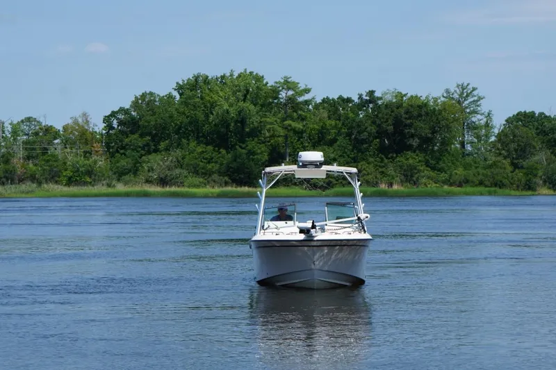 Slide: The Image of 1999 Grady-White Tournament 225 boat on calm water with lush green trees. - 9