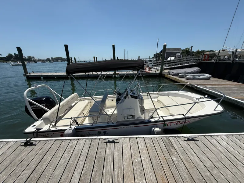 Slide: The Image of A 2022 Boston Whaler 170 Montauk docked at a wooden pier. It features a black sunshade. - 4
