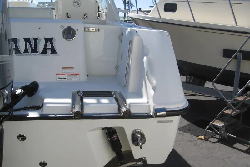 Slide: The Image of 2019 Edgewater 248CX Crossover boat stern with ladder and marina background. - 9
