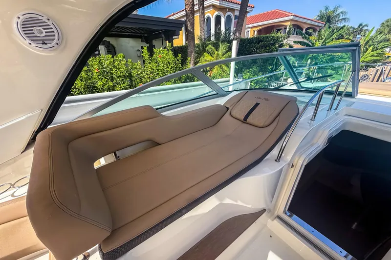 Slide: The Image of Luxurious 2016 Sea Ray Sundancer 350 boat interior with comfortable seating and elegant design. - 19