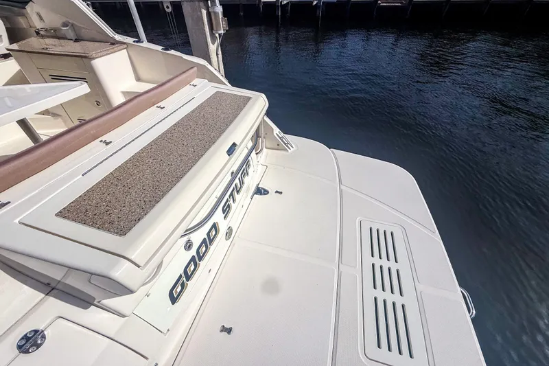 Slide: The Image of 2016 Sea Ray Sundancer 350 yacht with "Good Stuff" nameplate at dock. - 7